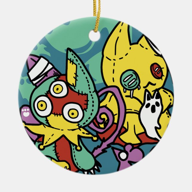 Paw-sitively Frightful | Monstrous Cats Halloween  Ceramic Ornament (Front)