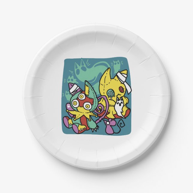 Paw-sitively Frightful | Monstrous Cats Halloween  Paper Plates (Front)