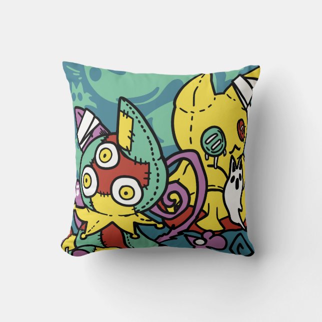 Paw-sitively Frightful | Monstrous Cats Halloween  Throw Pillow (Front)