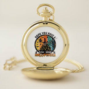 Paw Some Halloween Haunted House Witch Black Cats_ Pocket Watch
