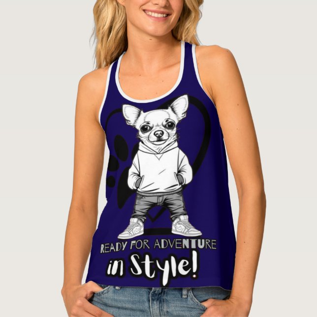Paw-some Style: Chic Chihuahua in Jeans Tank Top (Front)
