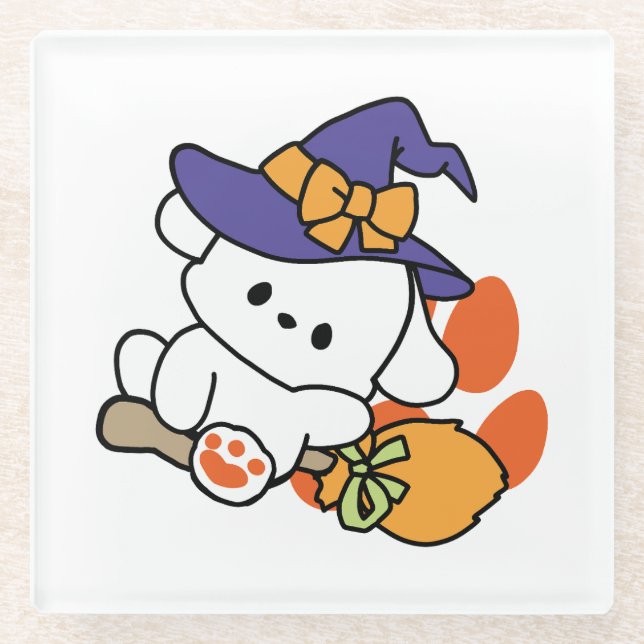 Paw-some Witch in Training – Cute Halloween Dog  Glass Coaster (Front)