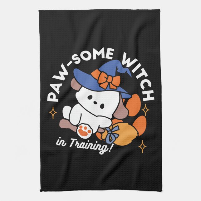 Paw-some Witch in Training – Cute Halloween Dog  Kitchen Towel (Vertical)