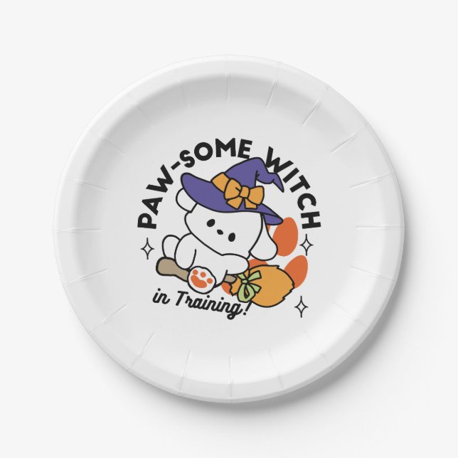 Paw-some Witch in Training – Cute Halloween Dog  Paper Plates (Front)