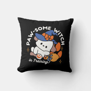 Paw-some Witch in Training – Cute Halloween Dog Throw Pillow
