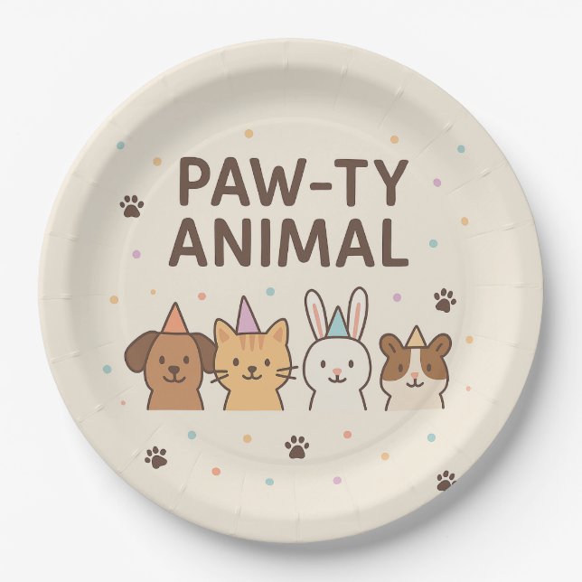 Paw-ty Animal- Cute Pet Birthday Party  Paper Plates (Front)