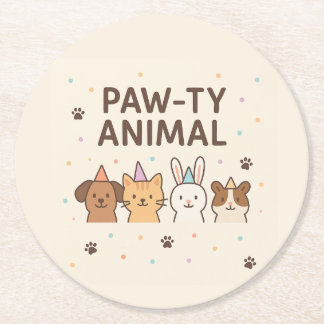 Paw-ty Animal Cute Pet Birthday Round Paper Coaster