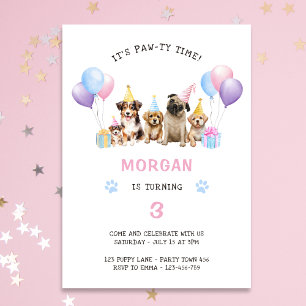 Paw-ty Dog Pink Birthday Watercolor Invitation