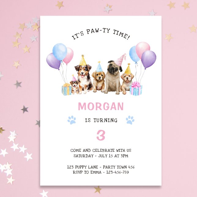 Paw-ty Dog Pink Birthday Watercolor Invitation (Creator Uploaded)