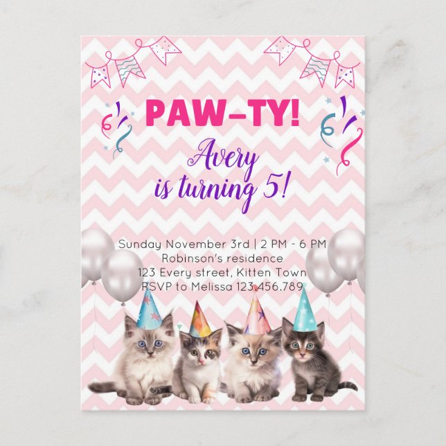 Paw-ty Kittens Kids Birthday Party invitations (Front)