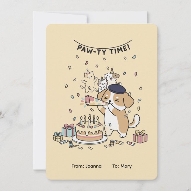 Paw-ty Time! Cute Dog & Cats Joyful Birthday Card (Front)