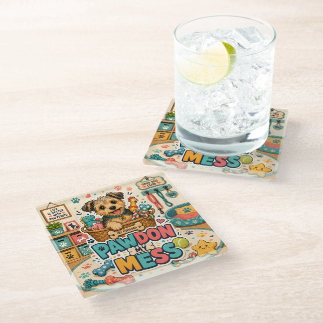 Pawdon My Mess Glass Coaster (Angled)