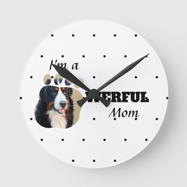 Pawerful Mom Custom Dog Photo Cute Pet Parent Round Clock (Front)