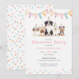 Pawesome Party Dogs Custom Age Girls' Birthday Invitation