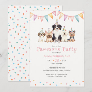 Pawesome Party Dogs Girl's First Birthday Invitation