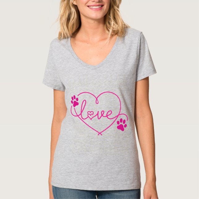 Pawfect Love – Pink Heart & Paw Print Pet Lover T-Shirt (Front)