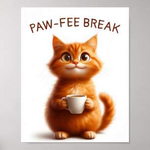 Pawfee Break Funny Ginger Cat with Coffee Poster