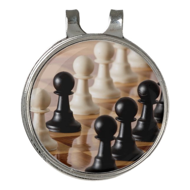Pawns on Chess Board Golf Hat Clip (Front)