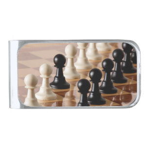 Pawns on Chess Board Silver Finish Money Clip