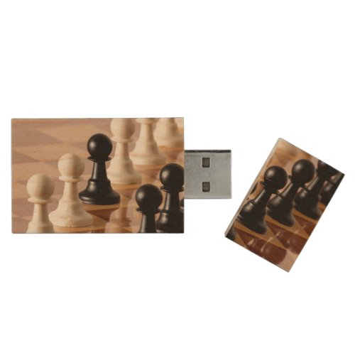 Pawns on Chess Board Wood Flash Drive