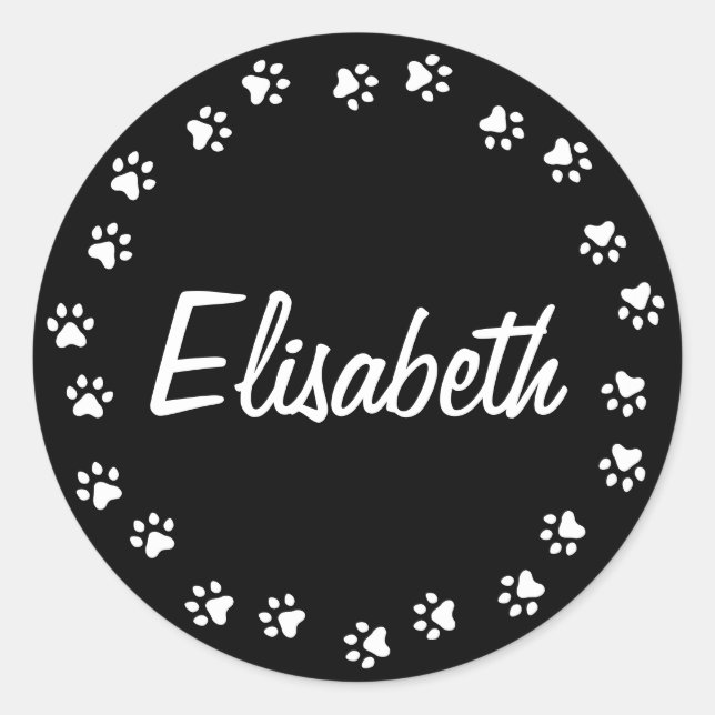 Pawprint border personalized name black and white classic round sticker (Front)
