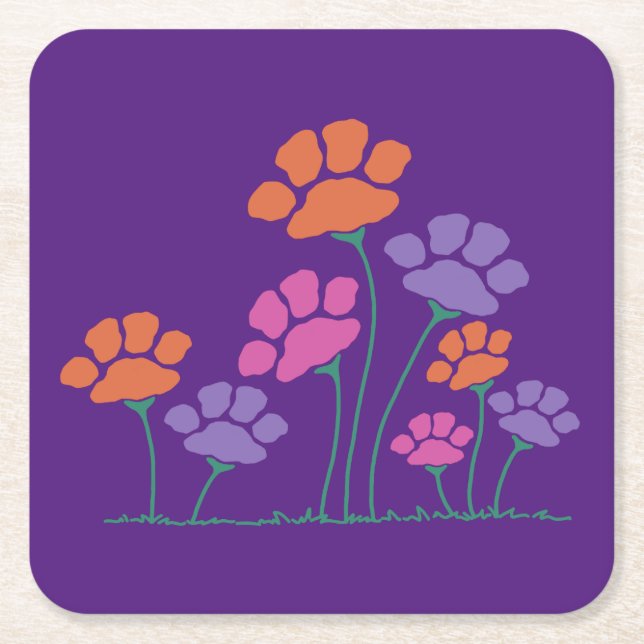 Pawprint Flower Garden Square Paper Coaster (Front)