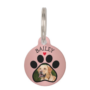 Pawprint Heart Photo Name Pet Dog Cat Rose Gold ID Tag