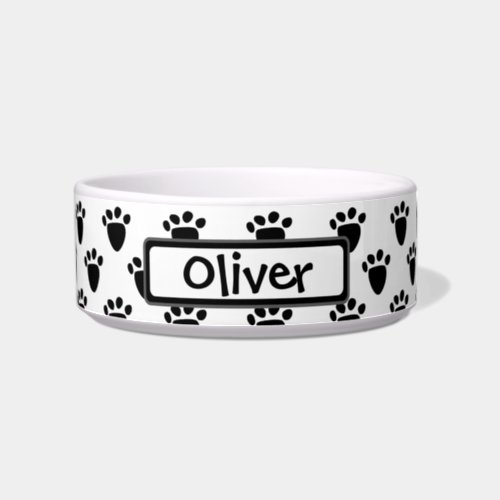 Pawprint Pattern Black White Personalized Pet Bowl