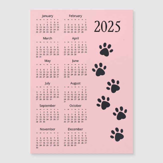 Pawprints Design 2025 Calendar Magnetic Card