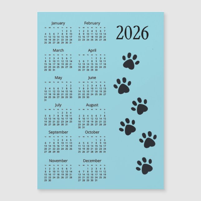 Pawprints Design 2026 Calendar Magnetic Card (Front)