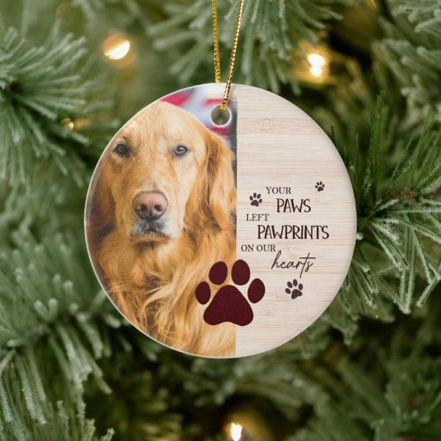 Pawprints on Our Hearts Personalized Dog Memorial Ceramic Ornament (Tree)