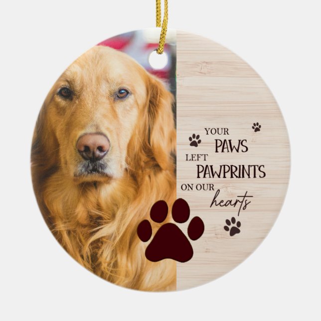 Pawprints on Our Hearts Personalized Dog Memorial Ceramic Ornament (Front)