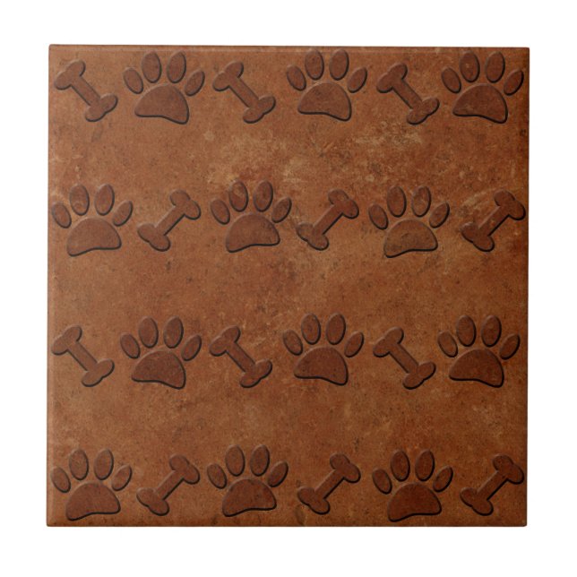 Paws And Bones Pattern Faux Terracotta Print Ceramic Tile (Front)