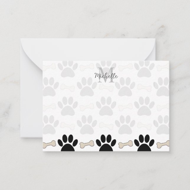 Paws And Bones Pattern Monogram Personalized Note Card (Front)