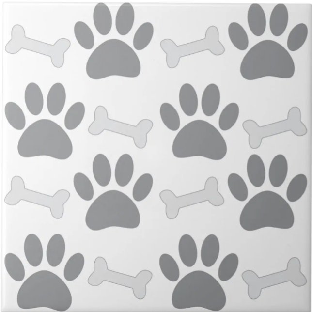 Paws And Bones Seamless Pattern Custom White Gray Ceramic Tile (Creator Uploaded)