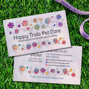 Paws and Heats - hand drawn line art & watercolor Business Card