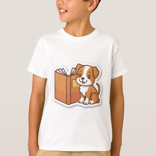  Paws and Pages Book and Dog Cartoon Sticker T_Shirt