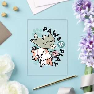 Paws and Play – Adorable Cat Illustration Acrylic Invitations