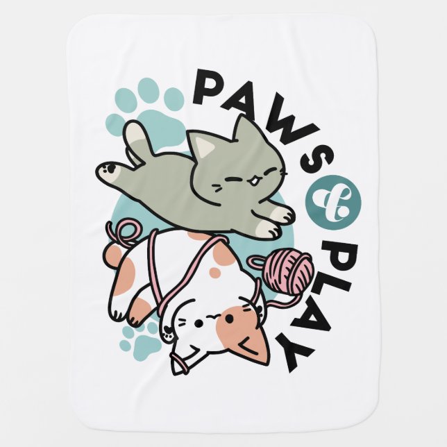 Paws and Play – Adorable Cat Illustration Baby Blanket (Front)