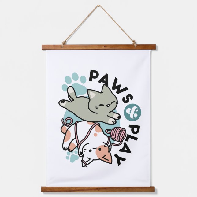 Paws and Play – Adorable Cat Illustration Hanging Tapestry (Front)