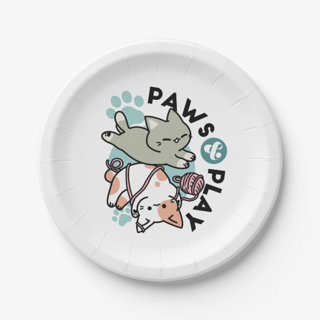 Paws and Play – Adorable Cat Illustration Paper Plates (Front)