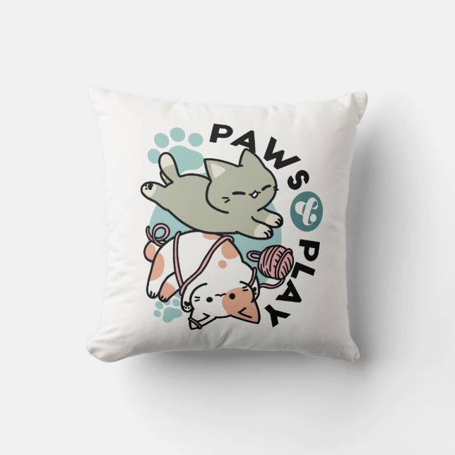 Paws and Play – Adorable Cat Illustration Throw Pillow (Front)