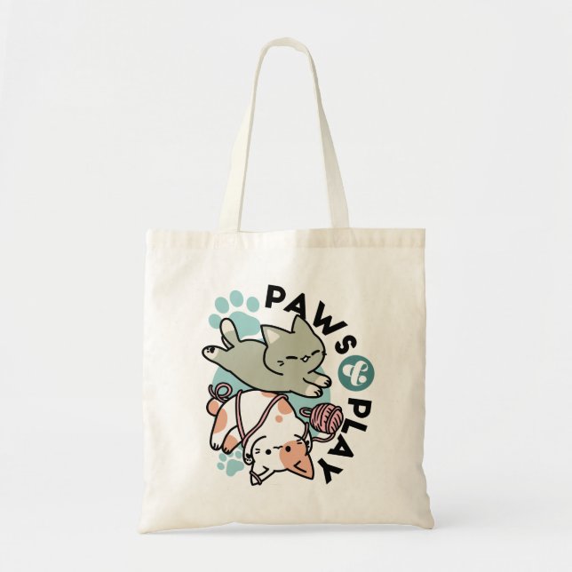 Paws and Play – Adorable Cat Illustration Tote Bag (Front)
