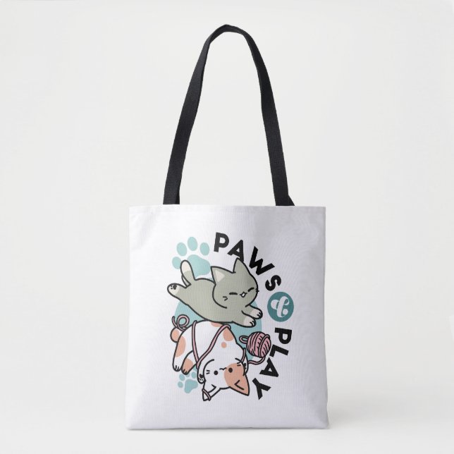 Paws and Play – Adorable Cat Illustration Tote Bag (Front)