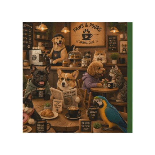 Paws and Pours,animal caffe Wood Wall Art