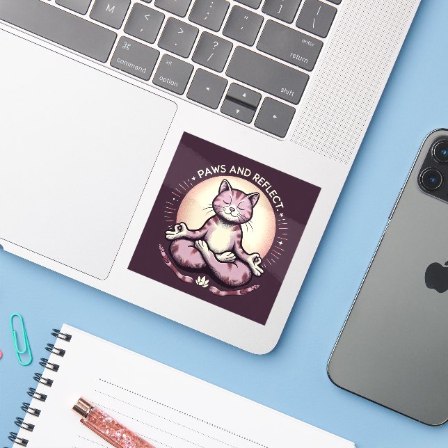 Paws and Reflect Yoga Cat Vinyl Mindful Kitty Sticker (Laptop w/ iPhone)