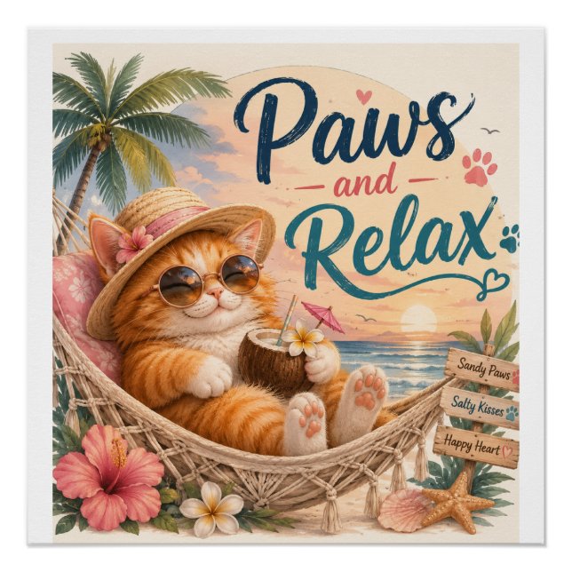 Paws and Relax Beach Cat Poster (Front)