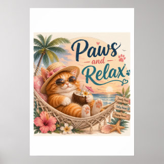 Paws and Relax Beach Cat Poster