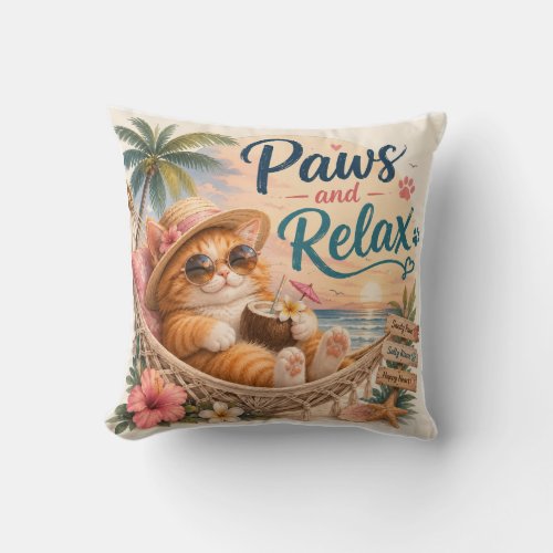 Paws and Relax Beach Cat Throw Pillow
