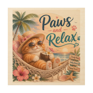 Paws and Relax Beach Cat Wood Wall Art